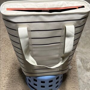 Hearth & Hand Cream and Navy Striped Canvas Tote with Coral Zipper